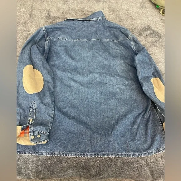 Lands' End Denim Shacket with Orange Plaid Lining - Picture 8 of 9